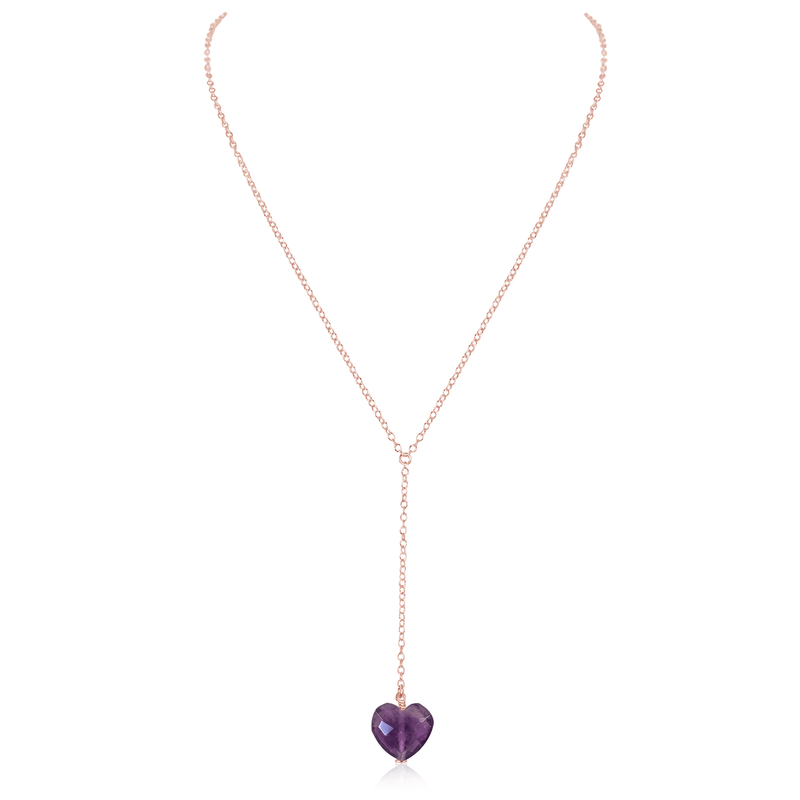 Amethyst Crystal Heart Lariat Necklace - Amethyst Crystal Heart Lariat Necklace - 14k Rose Gold Fill - Luna Tide Handmade Crystal Jewellery