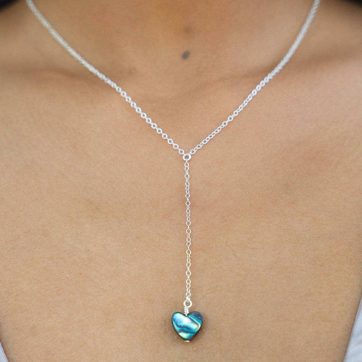 Abalone Shell Heart Lariat Necklace - Abalone Shell Heart Lariat Necklace - Sterling Silver - Luna Tide Handmade Crystal Jewellery