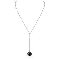 Black Onyx Crystal Heart Lariat Necklace - Black Onyx Crystal Heart Lariat Necklace - Stainless Steel - Luna Tide Handmade Crystal Jewellery