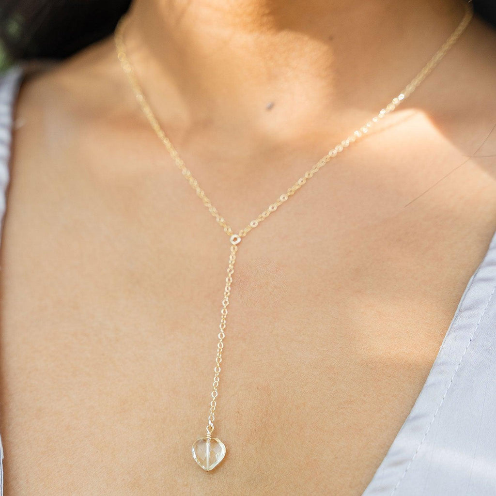 Citrine Crystal Heart Lariat Necklace - Citrine Crystal Heart Lariat Necklace - 14k Gold Fill - Luna Tide Handmade Crystal Jewellery