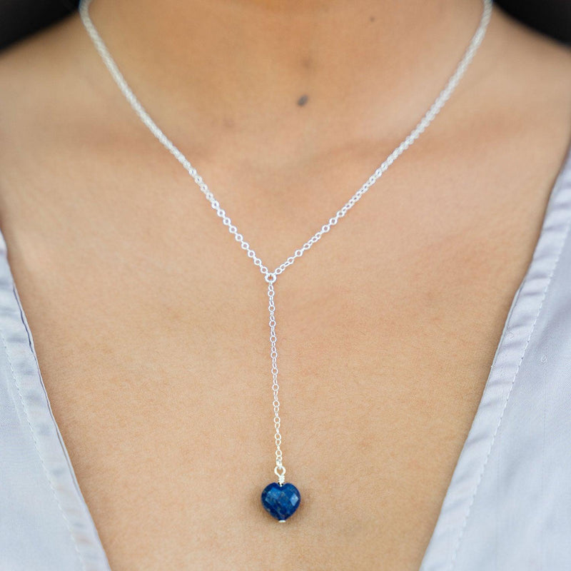 Lapis Lazuli Crystal Heart Lariat Necklace - Lapis Lazuli Crystal Heart Lariat Necklace - Sterling Silver - Luna Tide Handmade Crystal Jewellery