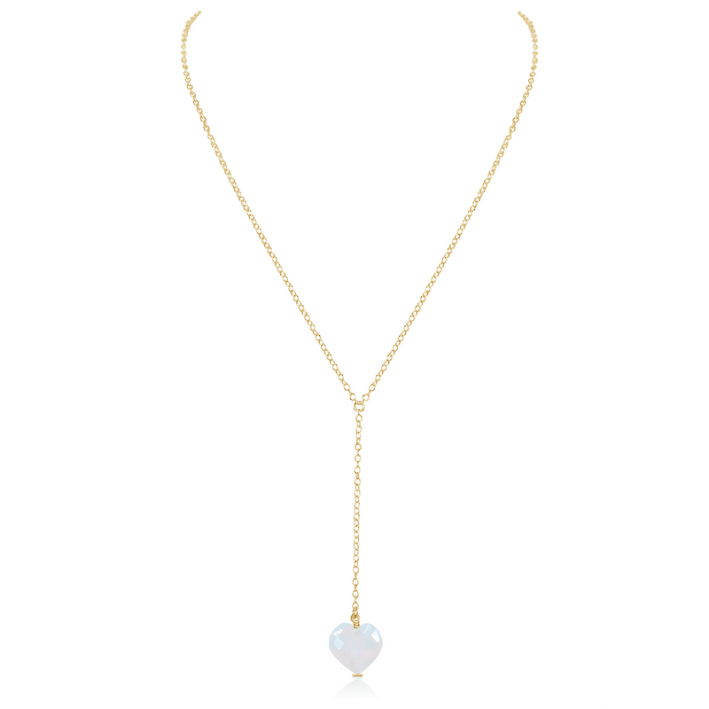Rainbow Moonstone Crystal Heart Lariat Necklace - Rainbow Moonstone Crystal Heart Lariat Necklace - 14k Gold Fill - Luna Tide Handmade Crystal Jewellery