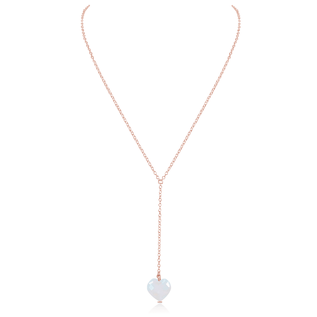 Rainbow Moonstone Crystal Heart Lariat Necklace - Rainbow Moonstone Crystal Heart Lariat Necklace - 14k Rose Gold Fill - Luna Tide Handmade Crystal Jewellery