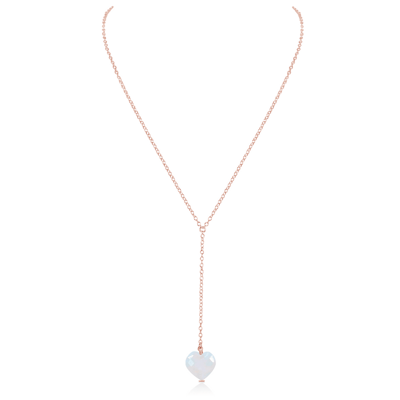 Rainbow Moonstone Crystal Heart Lariat Necklace - Rainbow Moonstone Crystal Heart Lariat Necklace - 14k Rose Gold Fill - Luna Tide Handmade Crystal Jewellery