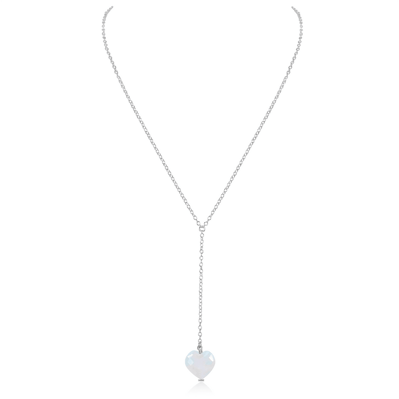 Rainbow Moonstone Crystal Heart Lariat Necklace - Rainbow Moonstone Crystal Heart Lariat Necklace - Sterling Silver - Luna Tide Handmade Crystal Jewellery