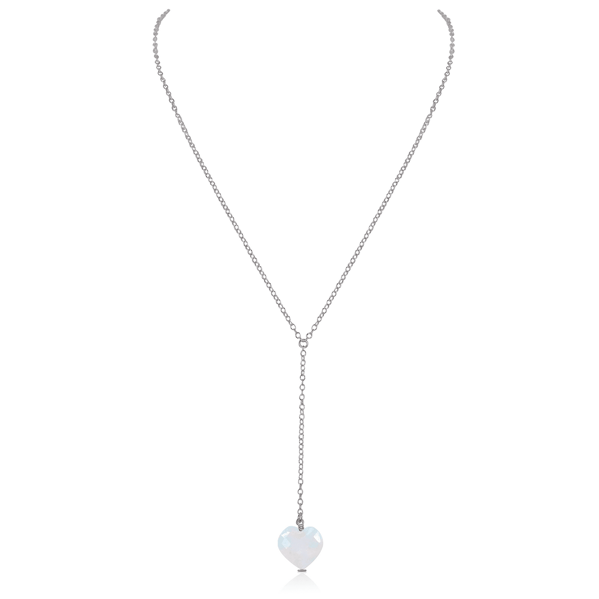 Rainbow Moonstone Crystal Heart Lariat Necklace - Rainbow Moonstone Crystal Heart Lariat Necklace - Stainless Steel - Luna Tide Handmade Crystal Jewellery