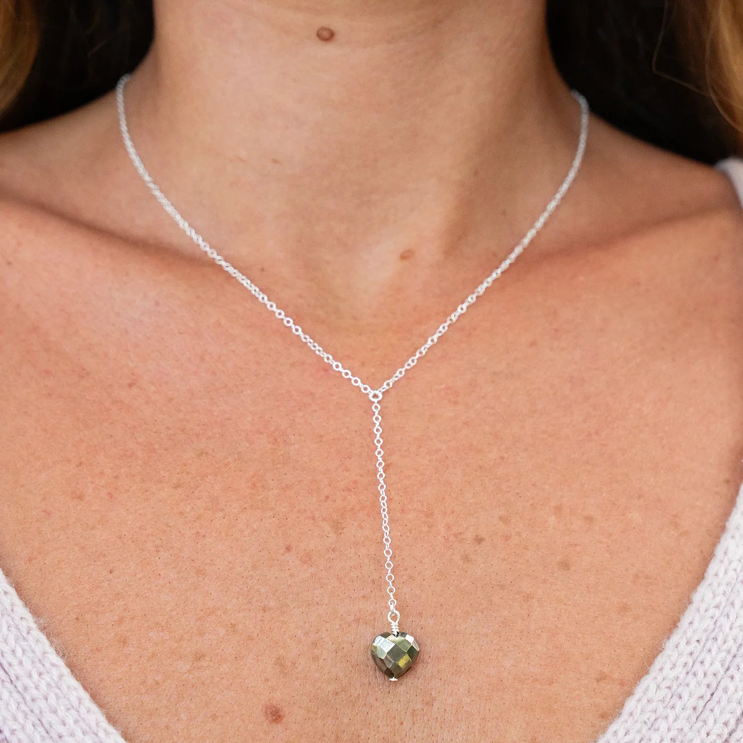 Pyrite Crystal Heart Lariat Necklace