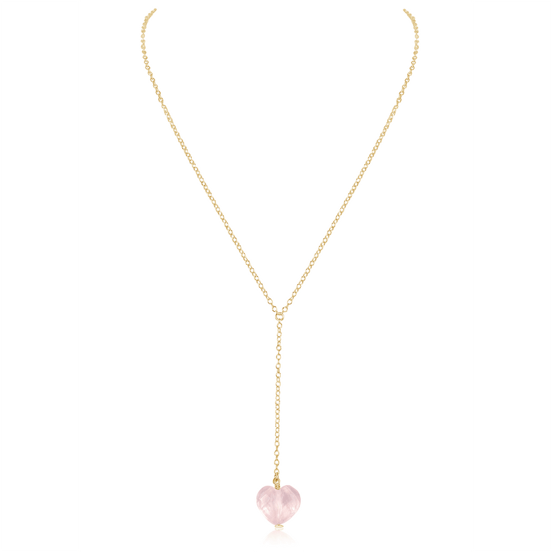 Rose Quartz Crystal Heart Lariat Necklace - Rose Quartz Crystal Heart Lariat Necklace - 14k Gold Fill - Luna Tide Handmade Crystal Jewellery