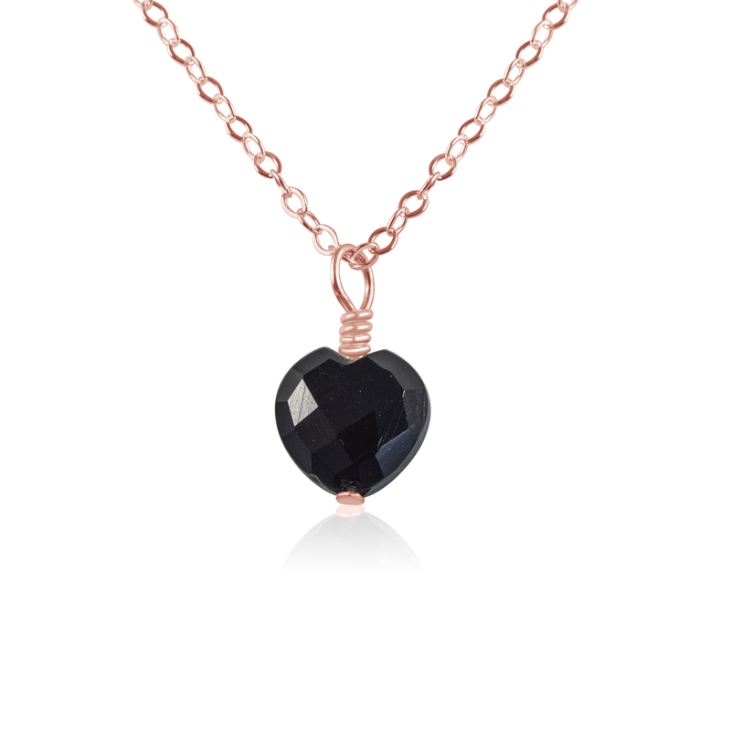 Black Onyx Crystal Heart Pendant Necklace - Black Onyx Crystal Heart Pendant Necklace - 14k Rose Gold Fill / Cable - Luna Tide Handmade Crystal Jewellery