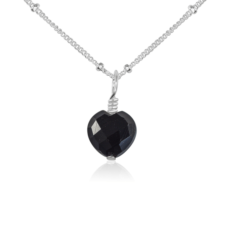 Black Onyx Crystal Heart Pendant Necklace - Black Onyx Crystal Heart Pendant Necklace - Sterling Silver / Satellite - Luna Tide Handmade Crystal Jewellery