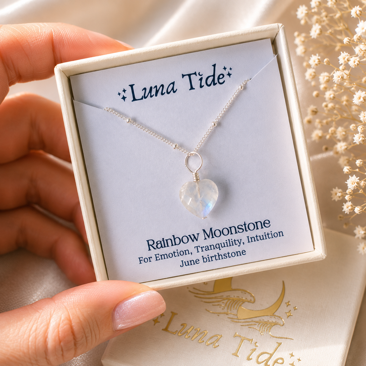 Rainbow Moonstone Crystal Heart Pendant Necklace