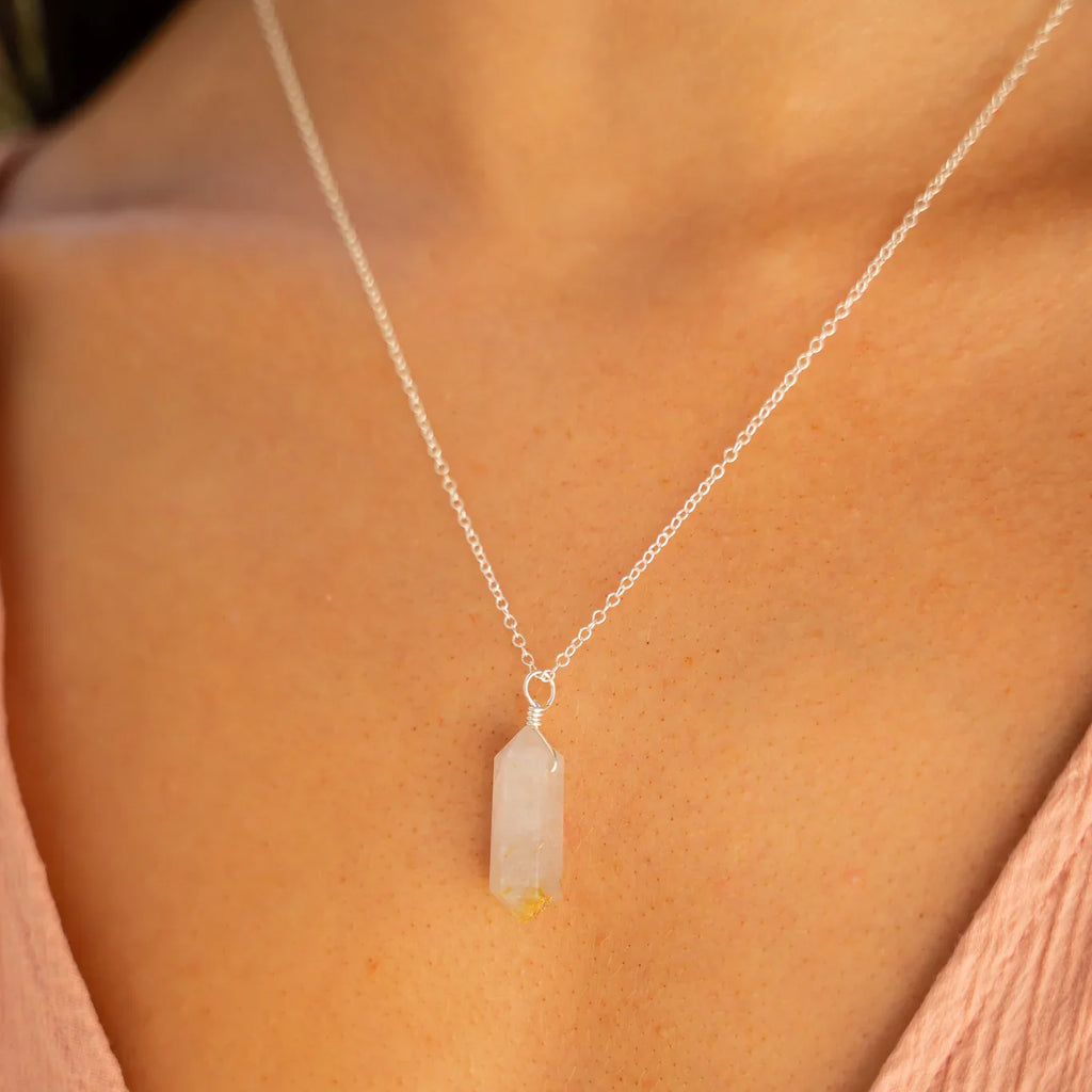 Large Double Terminated Golden Rutilated Quartz Crystal Pendant Necklace