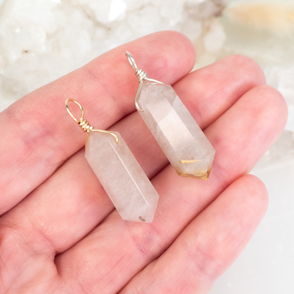 Large Double Terminated Golden Rutilated Quartz Crystal Pendant