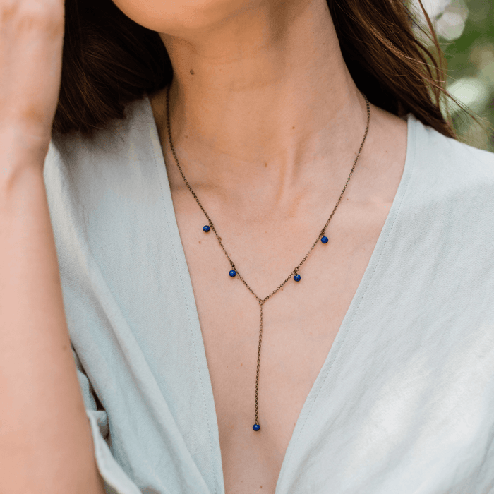 Bronze Lapis Lazuli Gemstone Bead Drop Lariat Y Necklace