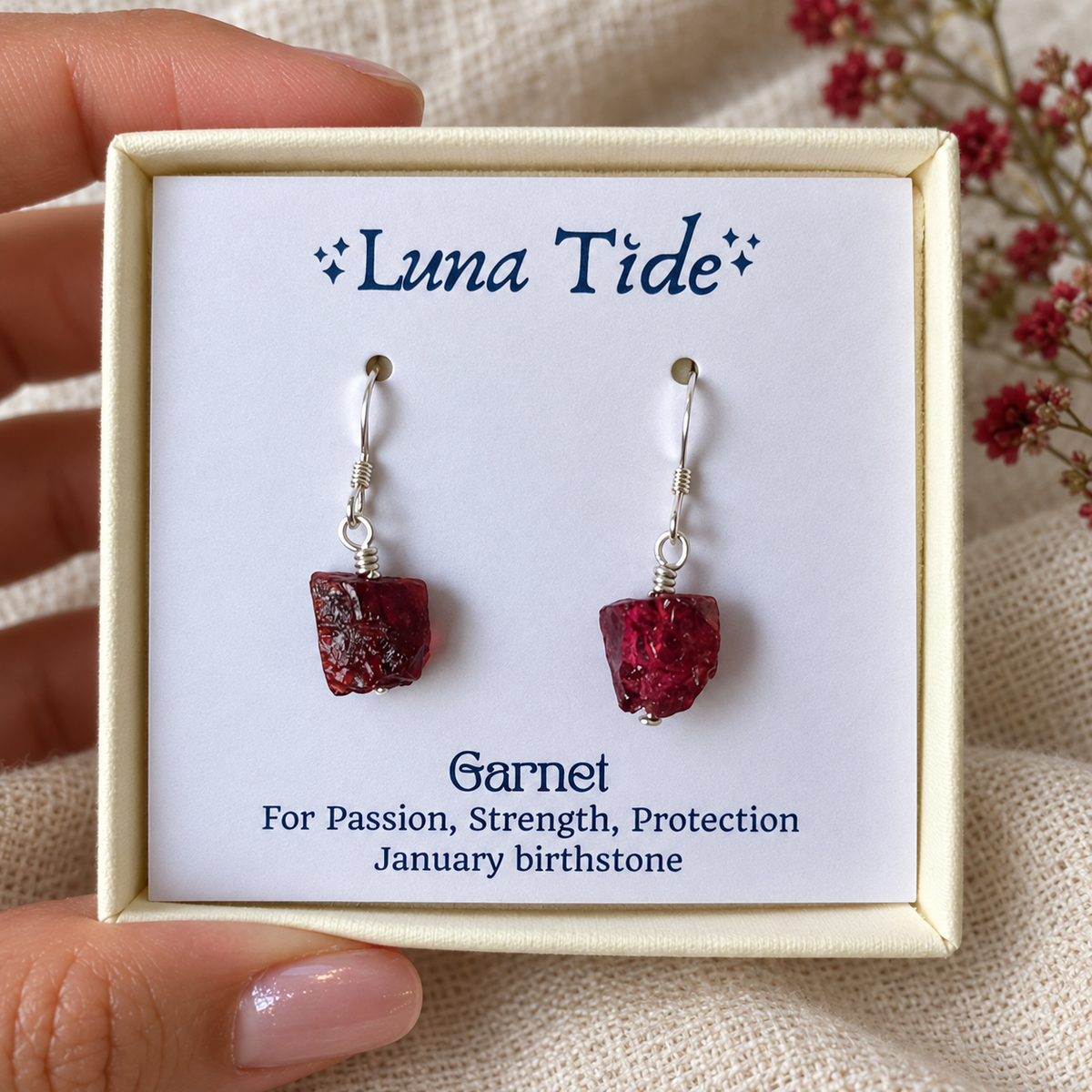 Raw Red Garnet Crystal Dangle Drop Earrings