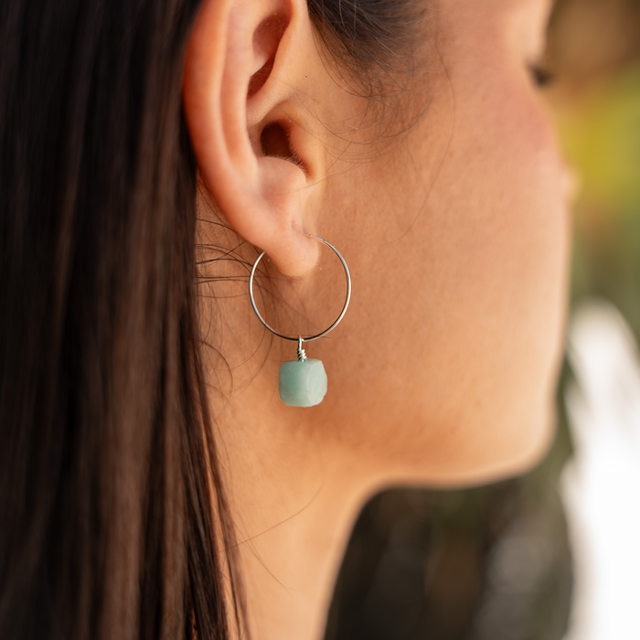 Raw Amazonite Gemstone Dangle Hoop Earrings