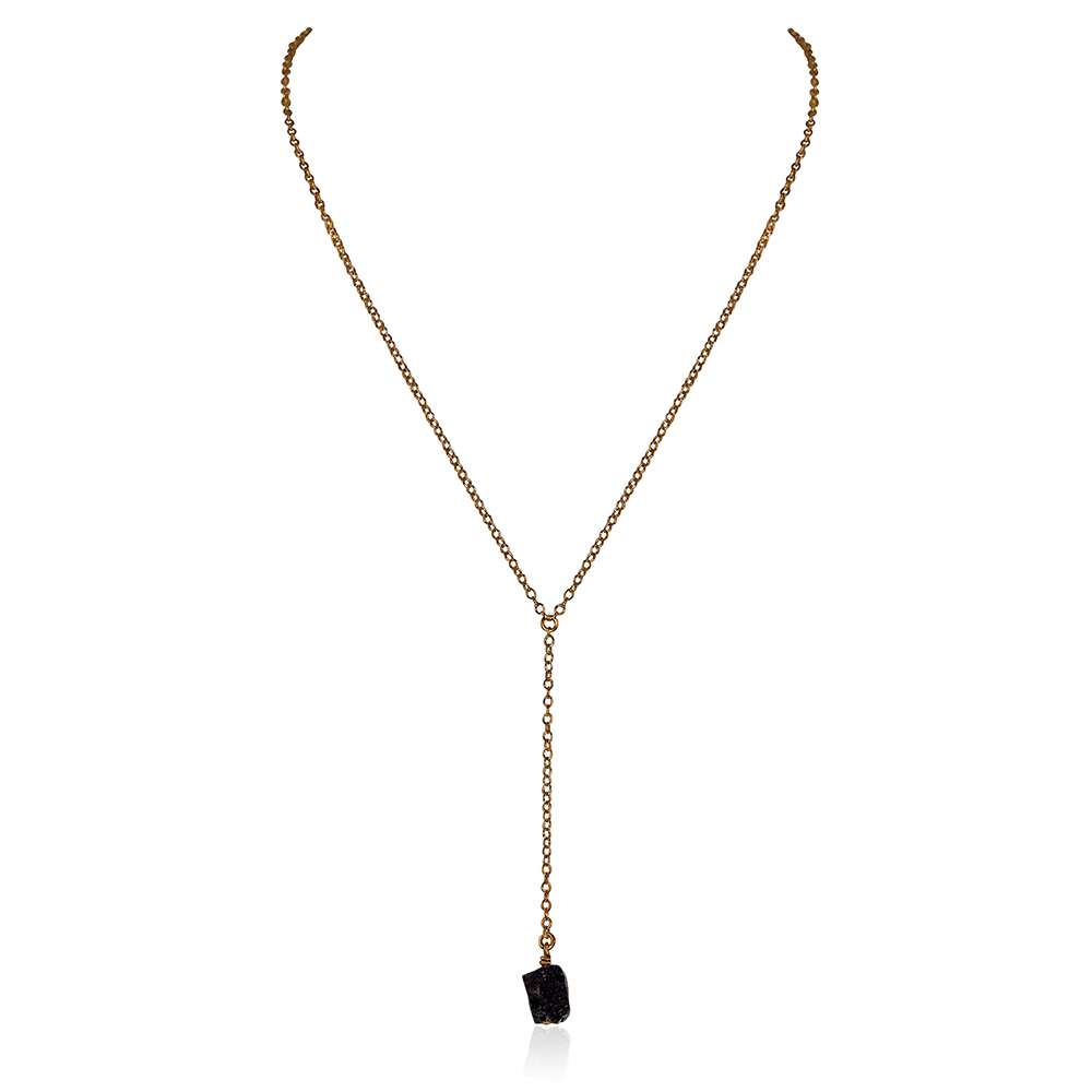 Bronze Black Tourmaline Raw Crystal Lariat Necklace