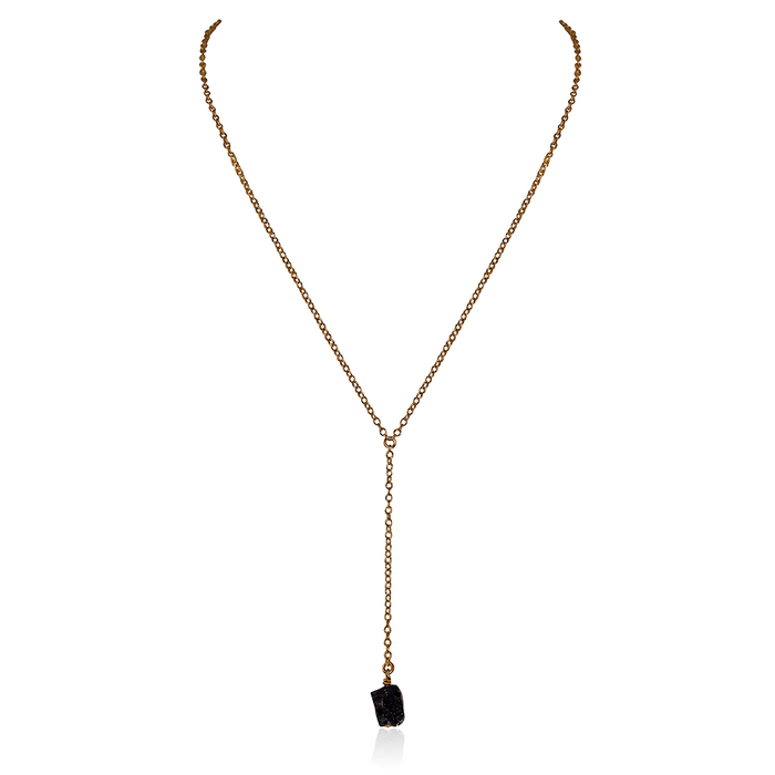 Bronze Black Tourmaline Raw Crystal Lariat Necklace