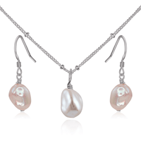 Raw Freshwater Pearl Crystal Earrings & Necklace Set - Raw Freshwater Pearl Crystal Earrings & Necklace Set - Stainless Steel / Satellite - Luna Tide Handmade Crystal Jewellery