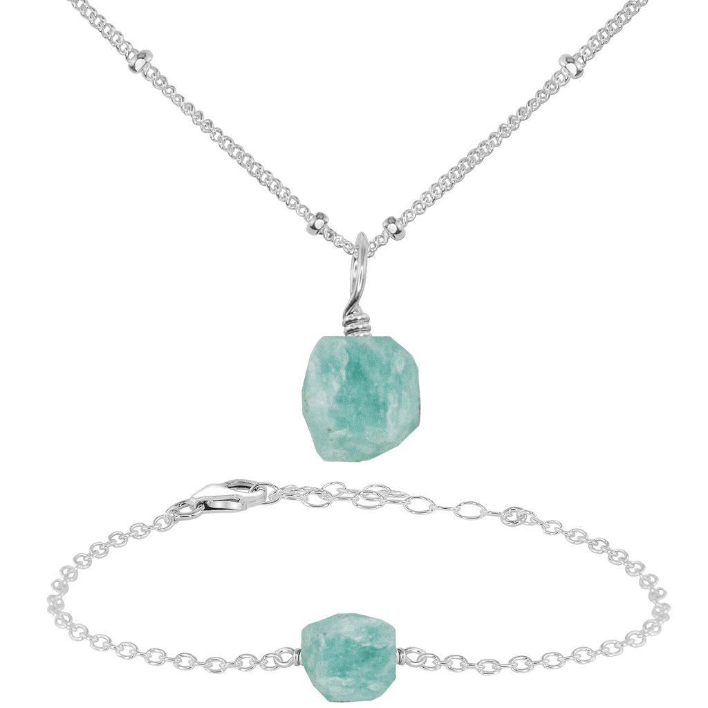 Raw Amazonite Crystal Jewellery Set - Raw Amazonite Crystal Jewellery Set - 14k Gold Fill / Cable / Necklace & Earrings & Bracelet - Luna Tide Handmade Crystal Jewellery