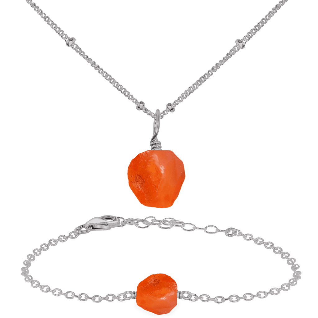 Raw Carnelian Crystal Jewellery Set - Raw Carnelian Crystal Jewellery Set - 14k Gold Fill / Cable / Necklace & Earrings & Bracelet - Luna Tide Handmade Crystal Jewellery