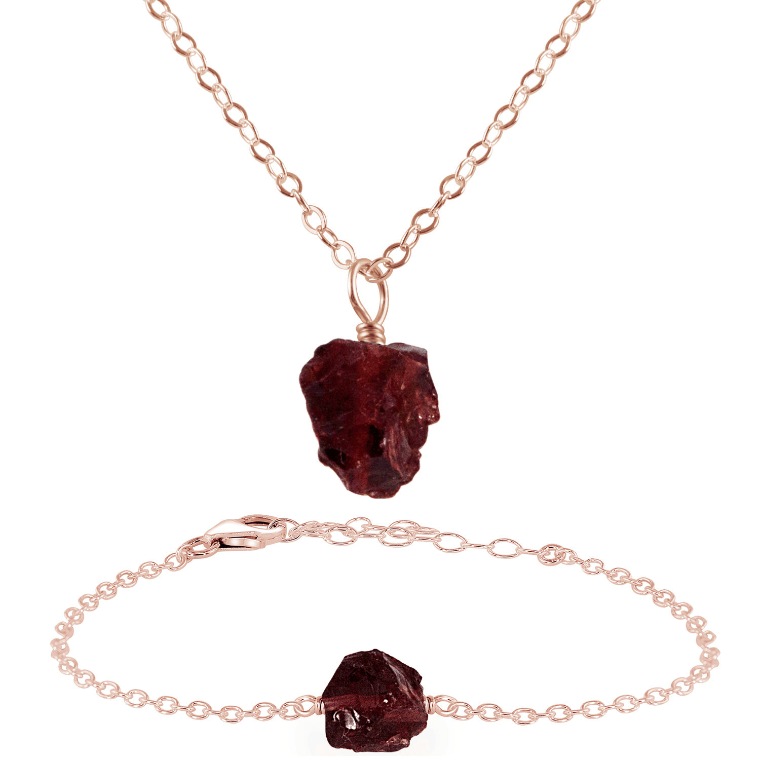 Raw Garnet Crystal Jewellery Set - Raw Garnet Crystal Jewellery Set - 14k Rose Gold Fill / Cable / Necklace & Bracelet - Luna Tide Handmade Crystal Jewellery