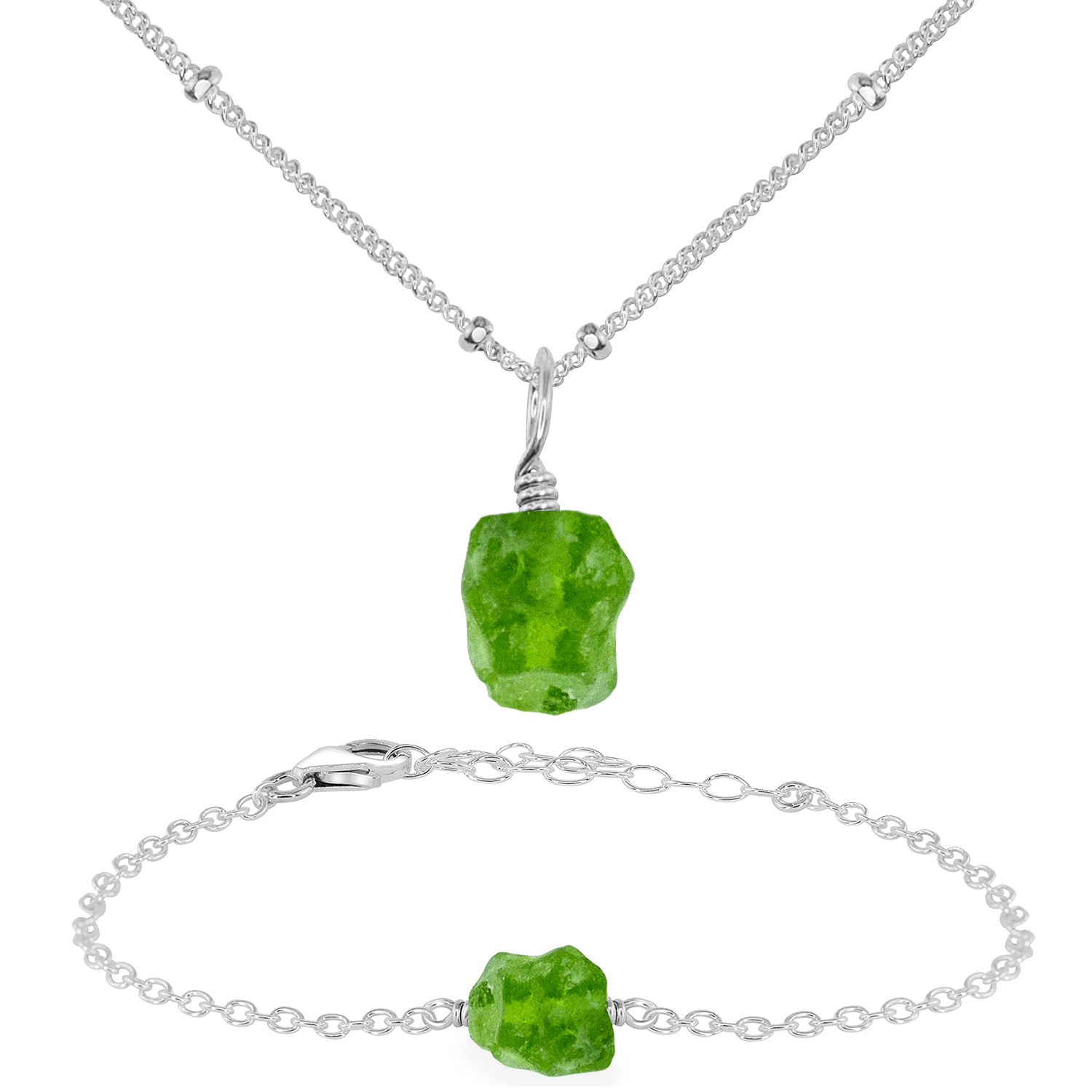 Raw Peridot Crystal Jewellery Set - Raw Peridot Crystal Jewellery Set - Sterling Silver / Satellite / Necklace & Bracelet - Luna Tide Handmade Crystal Jewellery