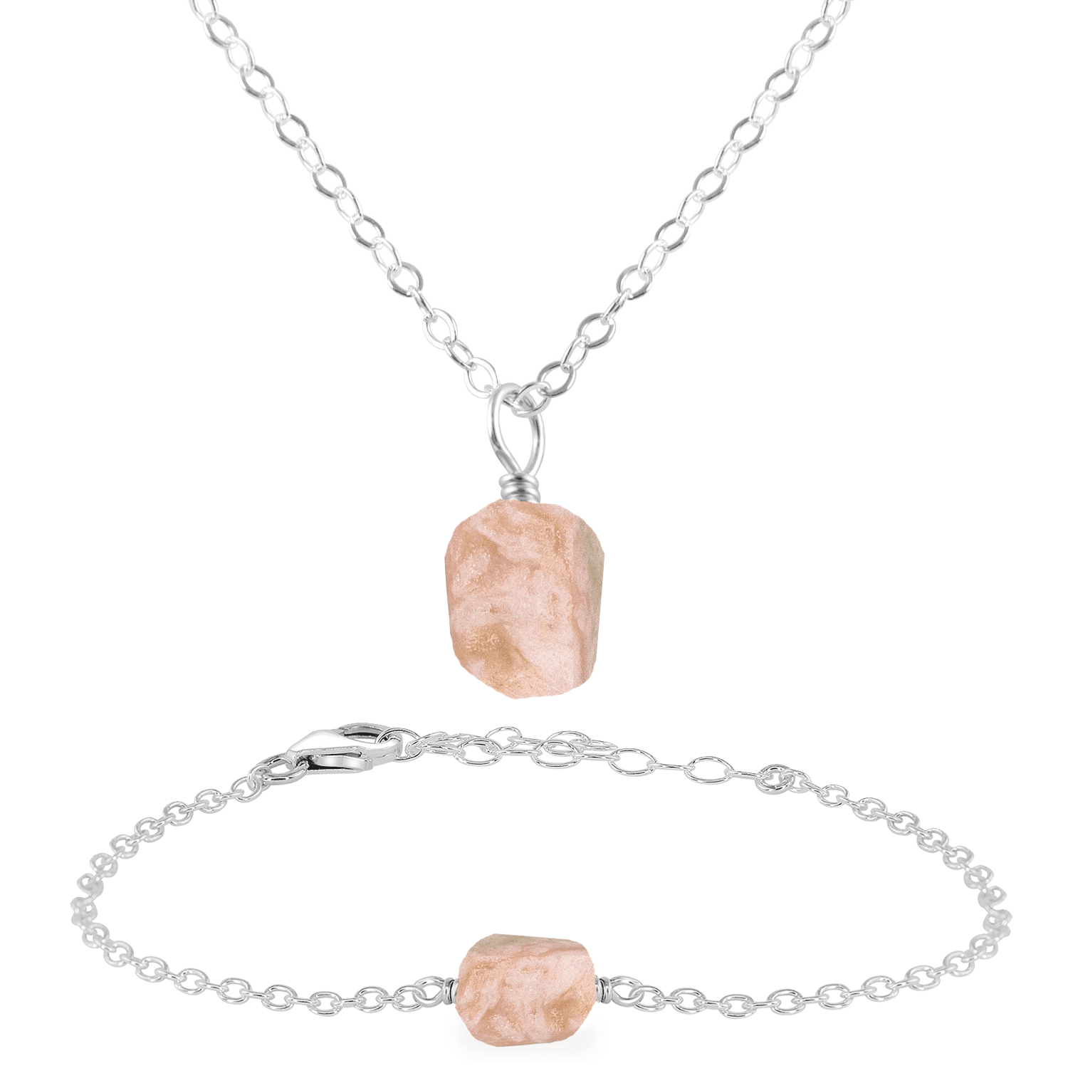 Raw Pink Peruvian Opal Crystal Jewellery Set - Raw Pink Peruvian Opal Crystal Jewellery Set - Sterling Silver / Cable / Necklace & Bracelet - Luna Tide Handmade Crystal Jewellery