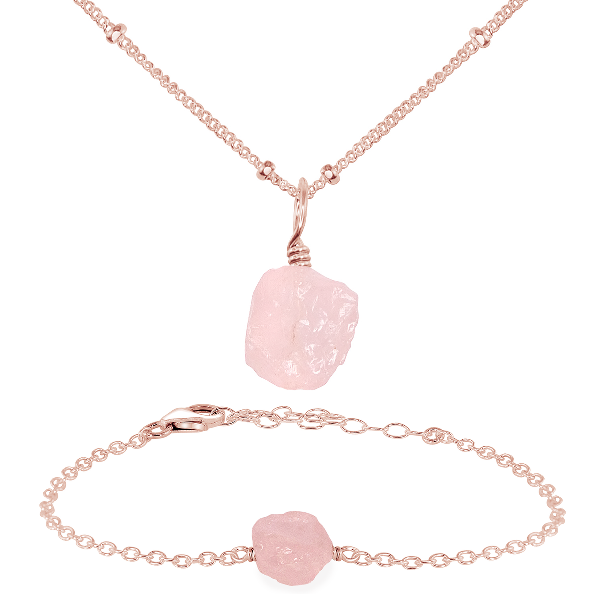 Raw Rose Quartz Crystal Jewellery Set