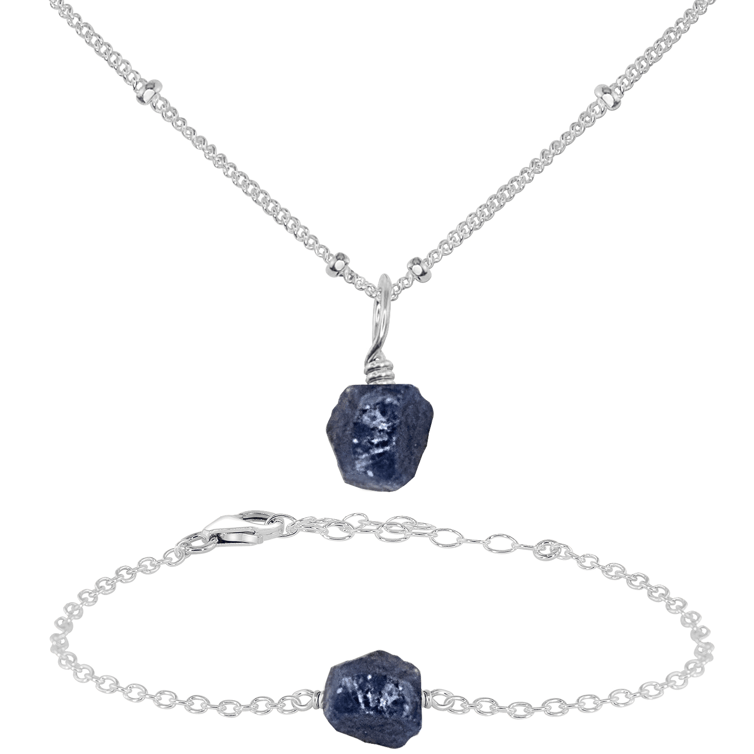 Raw Sapphire Crystal Jewellery Set - Raw Sapphire Crystal Jewellery Set - Sterling Silver / Satellite / Necklace & Bracelet - Luna Tide Handmade Crystal Jewellery