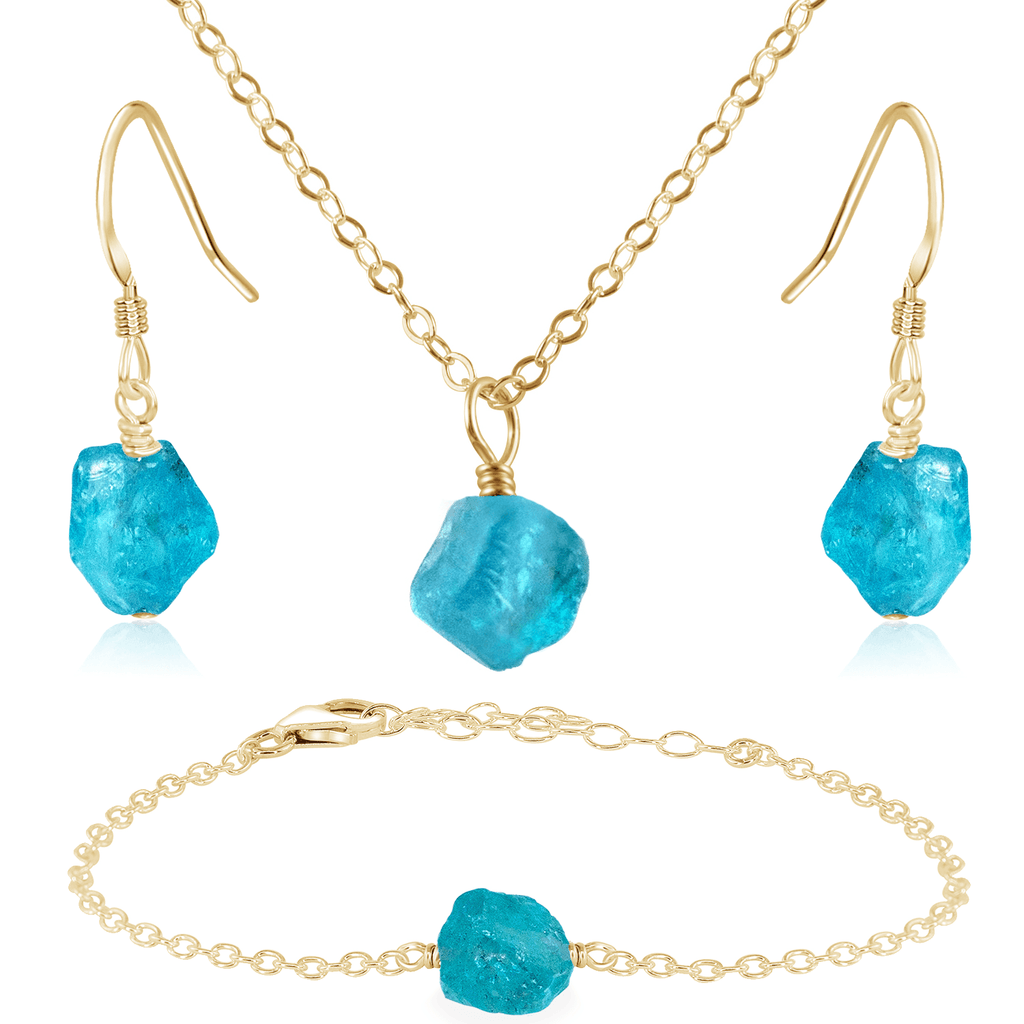 Raw Apatite Crystal Jewellery Set - Raw Apatite Crystal Jewellery Set - 14k Gold Fill / Cable / Necklace & Earrings & Bracelet - Luna Tide Handmade Crystal Jewellery