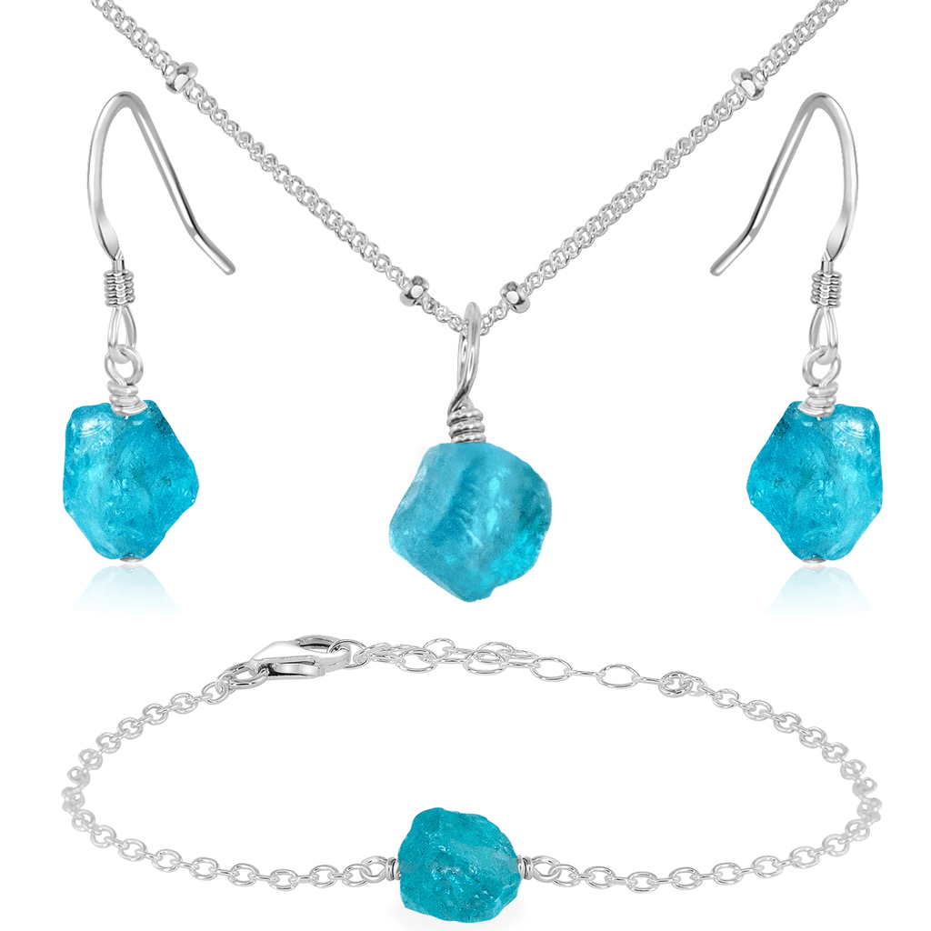Raw Apatite Crystal Jewellery Set - Raw Apatite Crystal Jewellery Set - Sterling Silver / Satellite / Necklace & Earrings & Bracelet - Luna Tide Handmade Crystal Jewellery