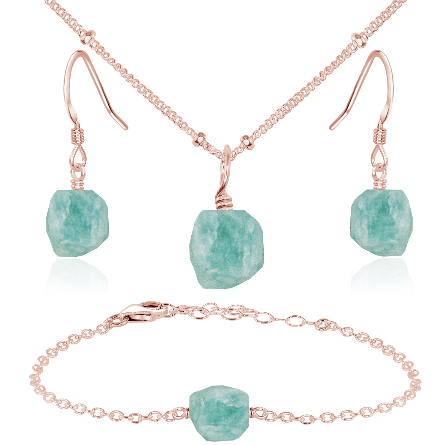 Raw Amazonite Crystal Jewellery Set - Raw Amazonite Crystal Jewellery Set - 14k Rose Gold Fill / Satellite / Necklace & Earrings & Bracelet - Luna Tide Handmade Crystal Jewellery