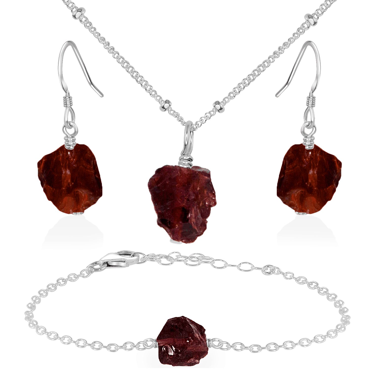Raw Garnet Crystal Jewellery Set - Raw Garnet Crystal Jewellery Set - Sterling Silver / Satellite / Necklace & Earrings & Bracelet - Luna Tide Handmade Crystal Jewellery
