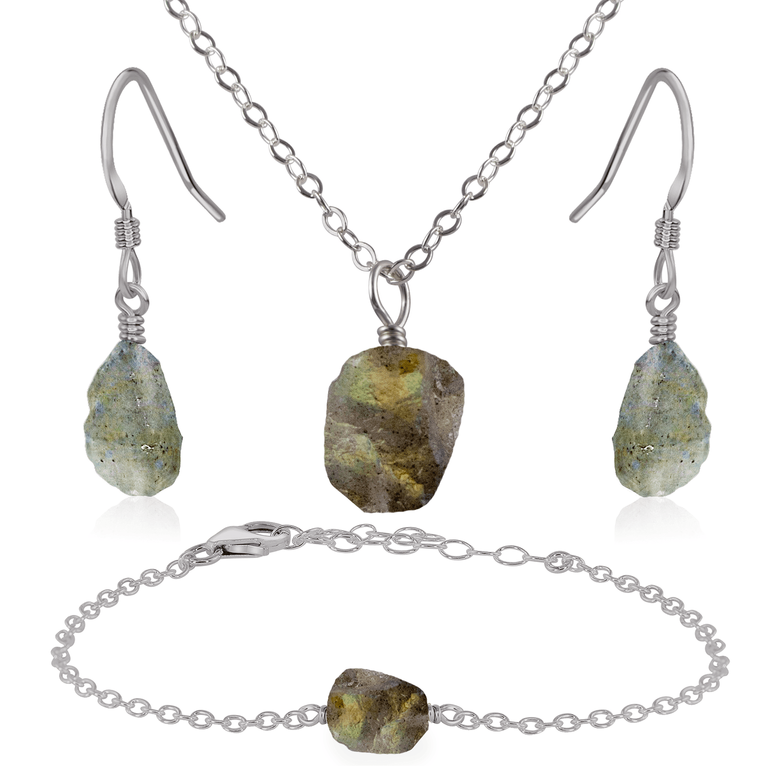 Raw Labradorite Crystal Jewellery Set - Raw Labradorite Crystal Jewellery Set - Stainless Steel / Cable / Necklace & Earrings & Bracelet - Luna Tide Handmade Crystal Jewellery