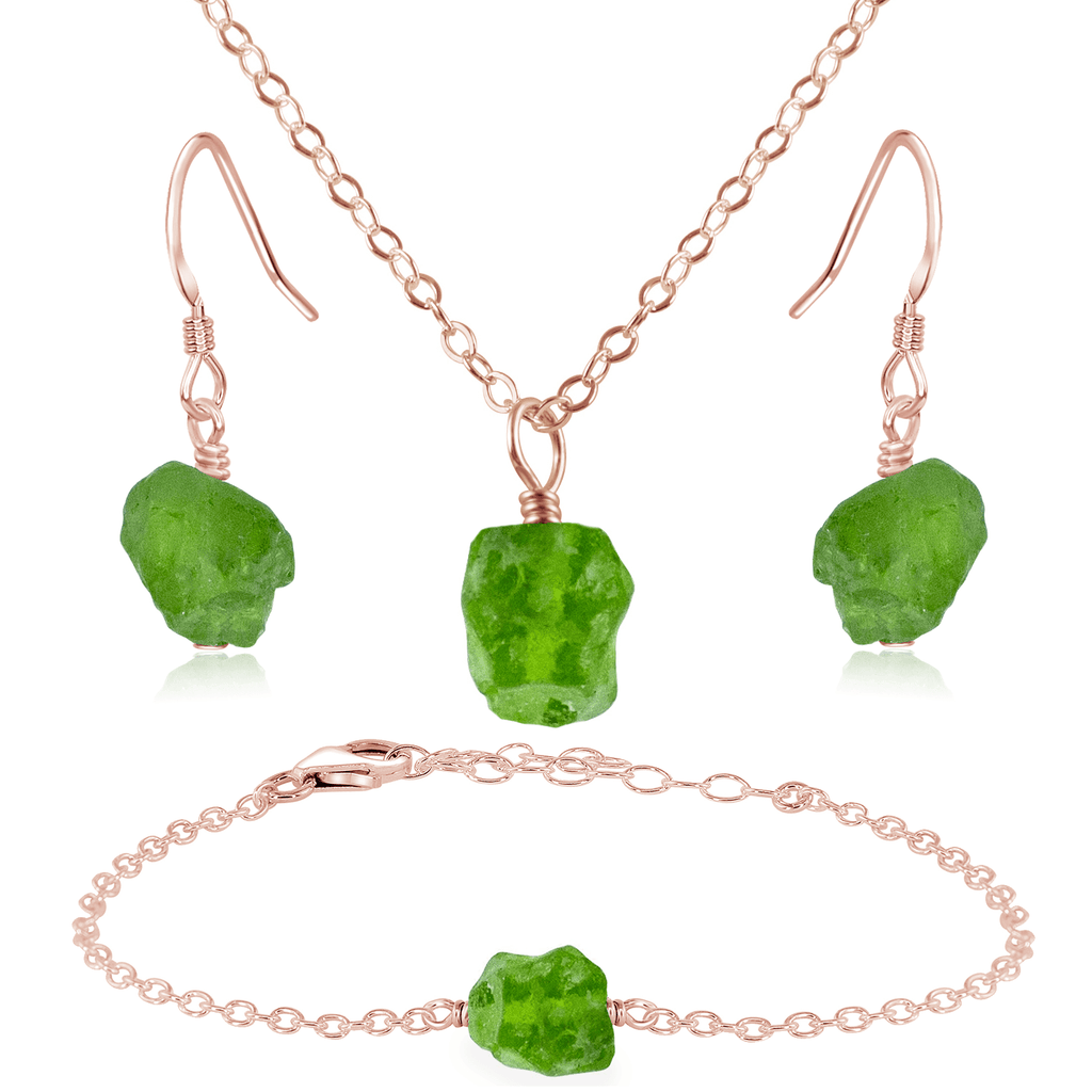 Raw Peridot Crystal Jewellery Set - Raw Peridot Crystal Jewellery Set - 14k Rose Gold Fill / Cable / Necklace & Earrings & Bracelet - Luna Tide Handmade Crystal Jewellery