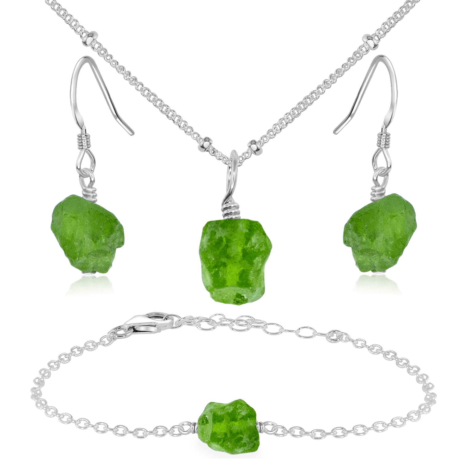 Raw Peridot Crystal Jewellery Set - Raw Peridot Crystal Jewellery Set - Sterling Silver / Satellite / Necklace & Earrings & Bracelet - Luna Tide Handmade Crystal Jewellery