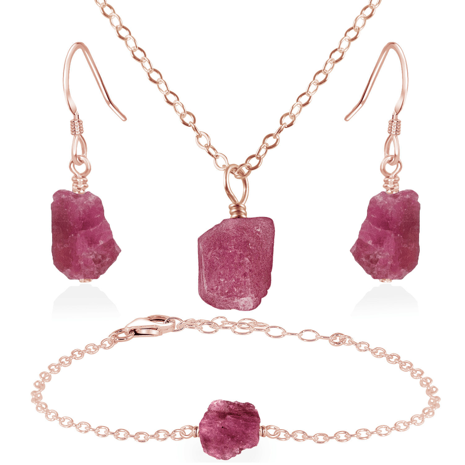 Raw Pink Tourmaline Crystal Jewellery Set - Raw Pink Tourmaline Crystal Jewellery Set - 14k Rose Gold Fill / Cable / Necklace & Earrings & Bracelet - Luna Tide Handmade Crystal Jewellery