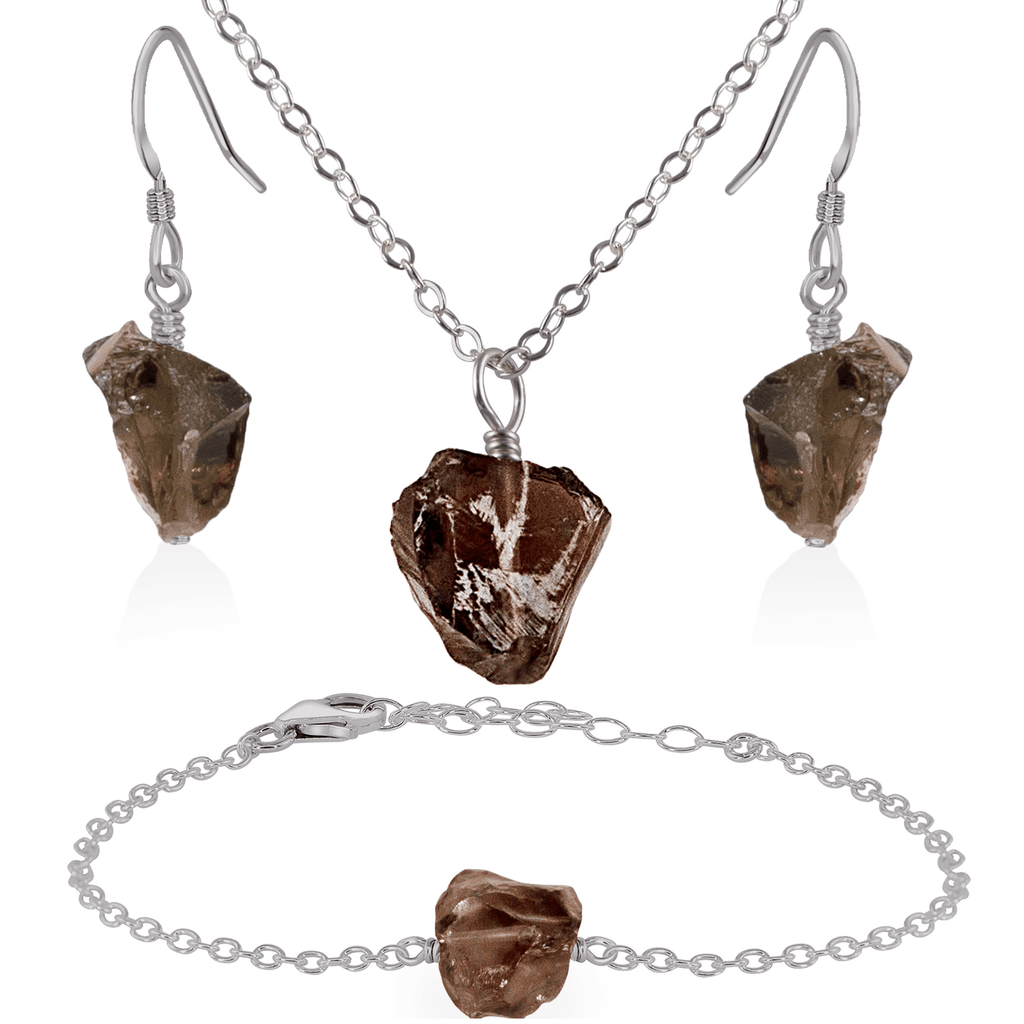 Raw Smoky Quartz Crystal Jewellery Set - Raw Smoky Quartz Crystal Jewellery Set - Stainless Steel / Cable / Necklace & Earrings & Bracelet - Luna Tide Handmade Crystal Jewellery