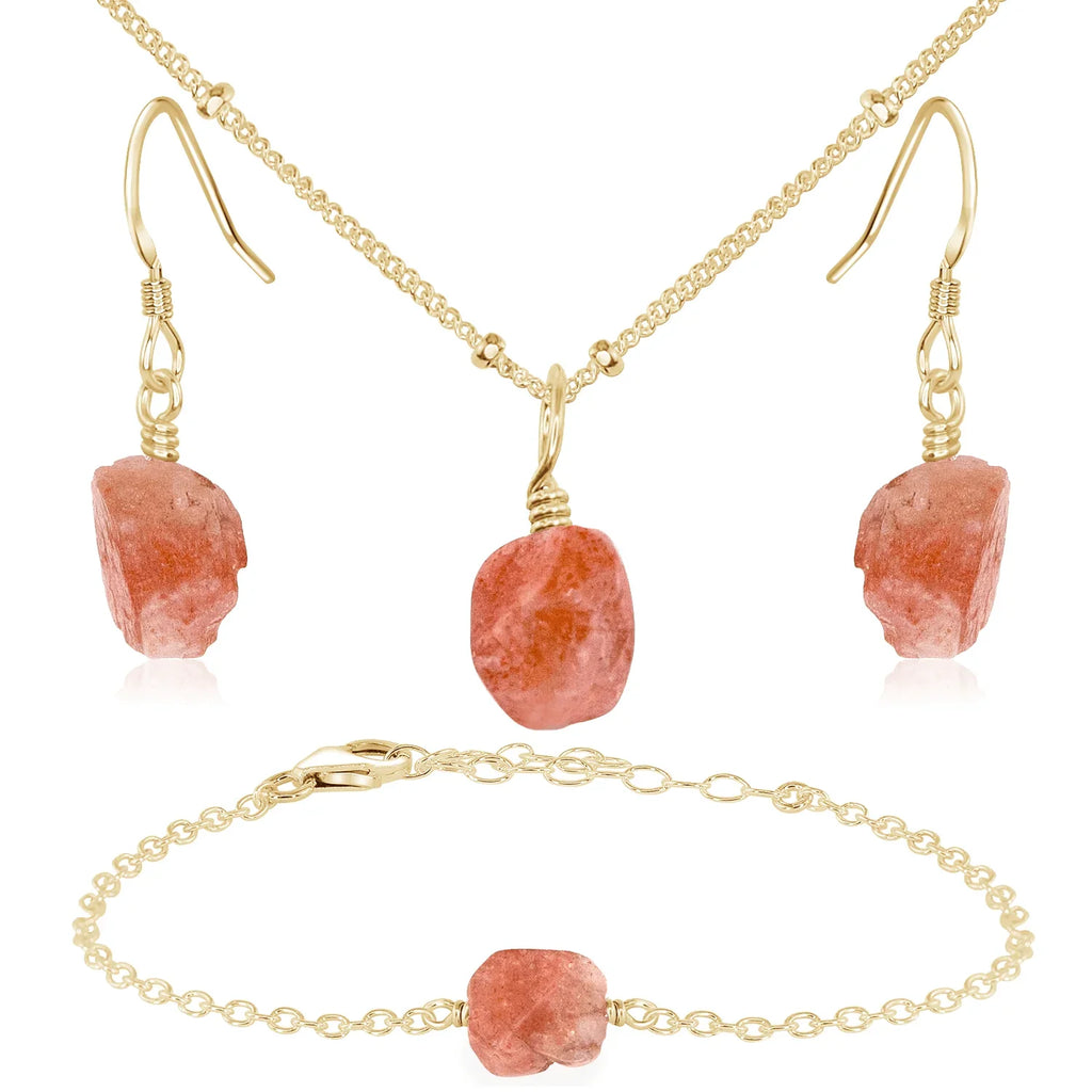Raw Sunstone Crystal Jewellery Set - Raw Sunstone Crystal Jewellery Set - 14k Gold Fill / Satellite / Necklace & Earrings & Bracelet - Luna Tide Handmade Crystal Jewellery