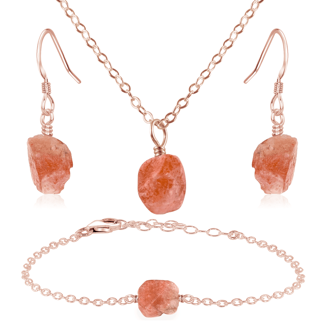 Raw Sunstone Crystal Jewellery Set - Raw Sunstone Crystal Jewellery Set - 14k Rose Gold Fill / Cable / Necklace & Earrings & Bracelet - Luna Tide Handmade Crystal Jewellery