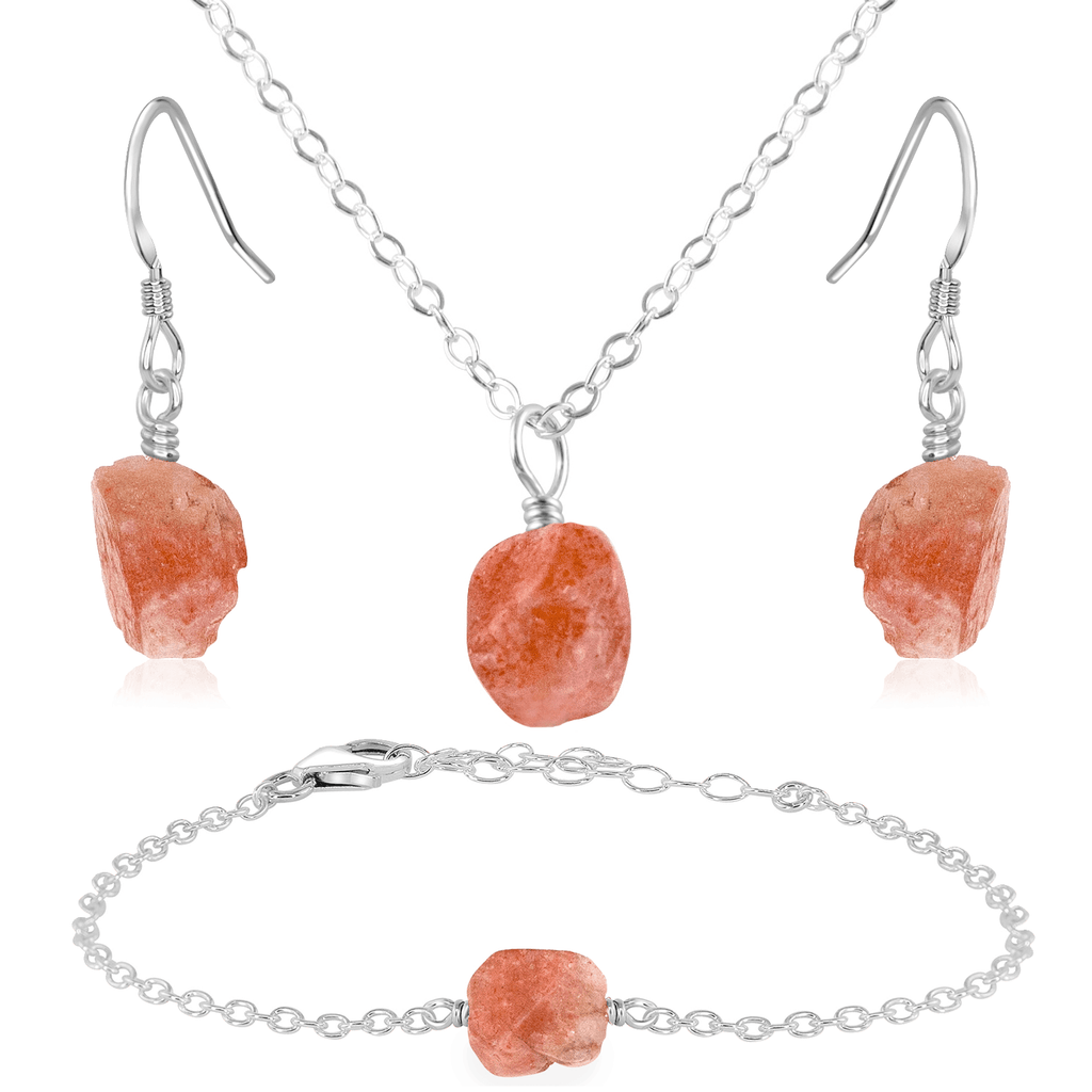 Raw Sunstone Crystal Jewellery Set - Raw Sunstone Crystal Jewellery Set - Sterling Silver / Cable / Necklace & Earrings & Bracelet - Luna Tide Handmade Crystal Jewellery