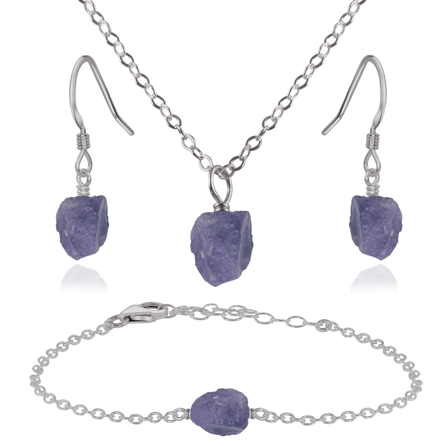 Raw Tanzanite Crystal Jewellery Set - Raw Tanzanite Crystal Jewellery Set - Stainless Steel / Cable / Necklace & Earrings & Bracelet - Luna Tide Handmade Crystal Jewellery