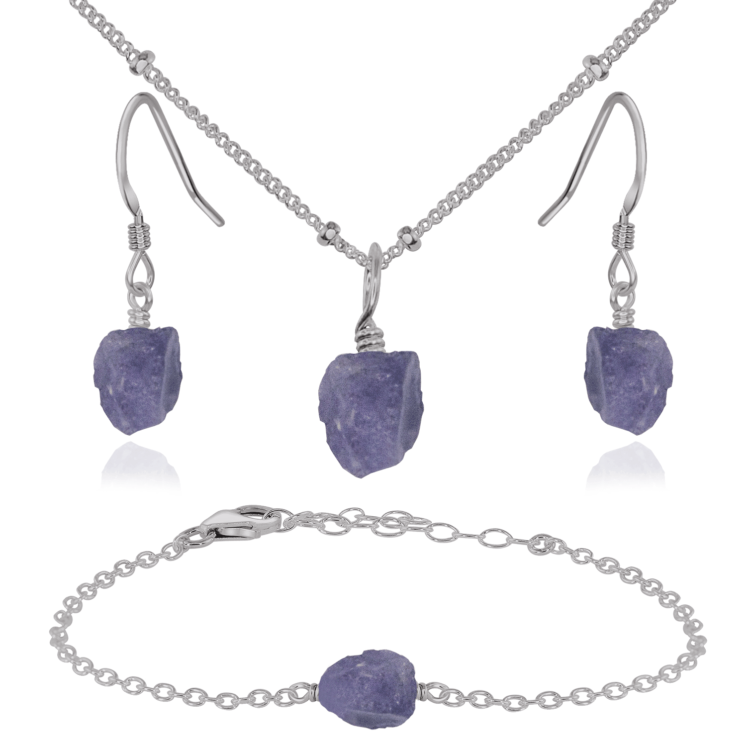 Raw Tanzanite Crystal Jewellery Set - Raw Tanzanite Crystal Jewellery Set - Stainless Steel / Satellite / Necklace & Earrings & Bracelet - Luna Tide Handmade Crystal Jewellery