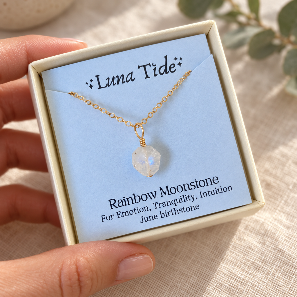 Tiny Raw Rainbow Moonstone Pendant Necklace