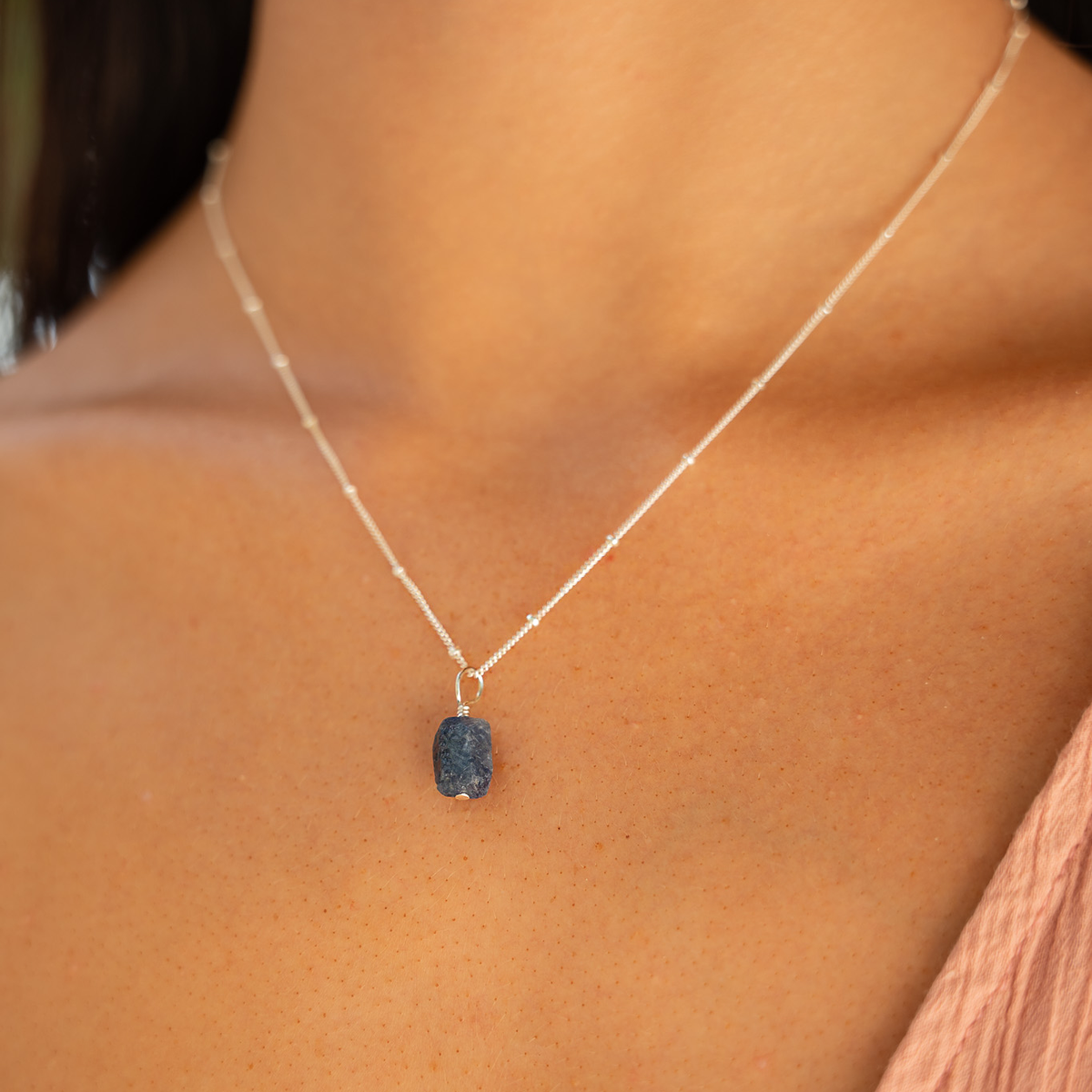 Tiny Raw Sapphire Pendant Necklace
