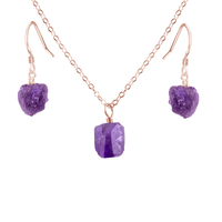 Raw Amethyst Crystal Earrings & Necklace Set