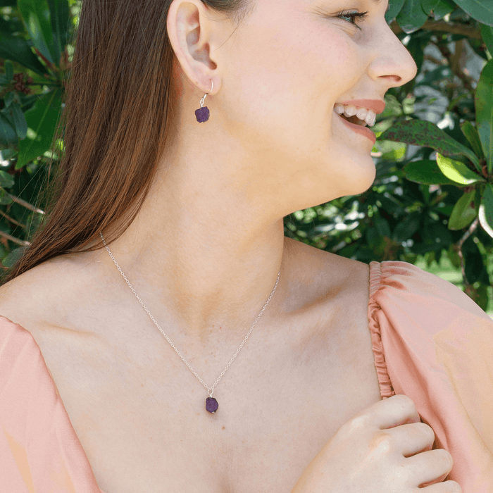 Raw Amethyst Crystal Earrings & Necklace Set