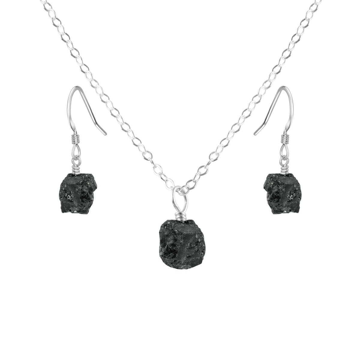 Raw Black Tourmaline Crystal Earrings & Necklace Set