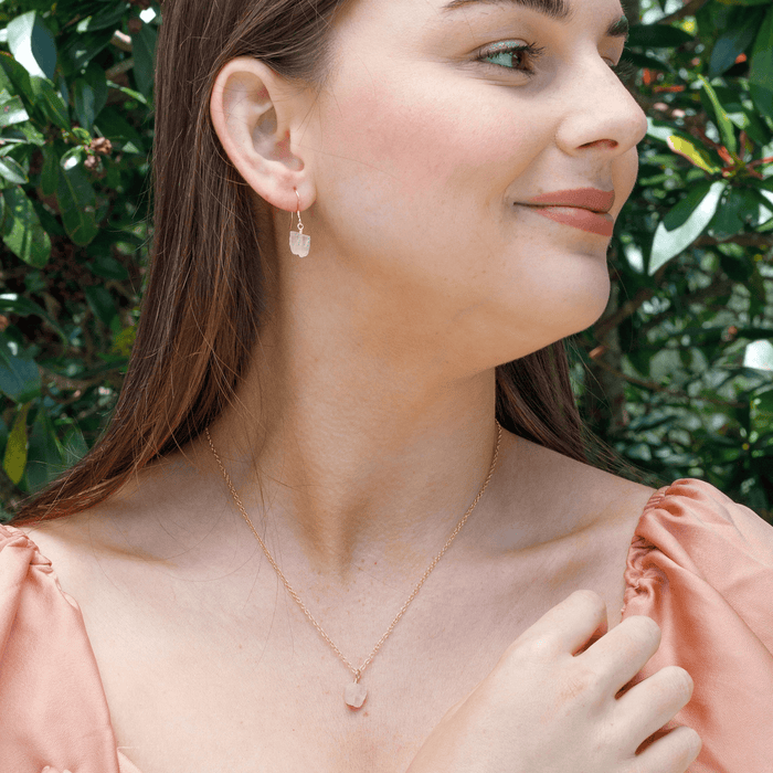Raw Rose Quartz Crystal Earrings & Necklace Set